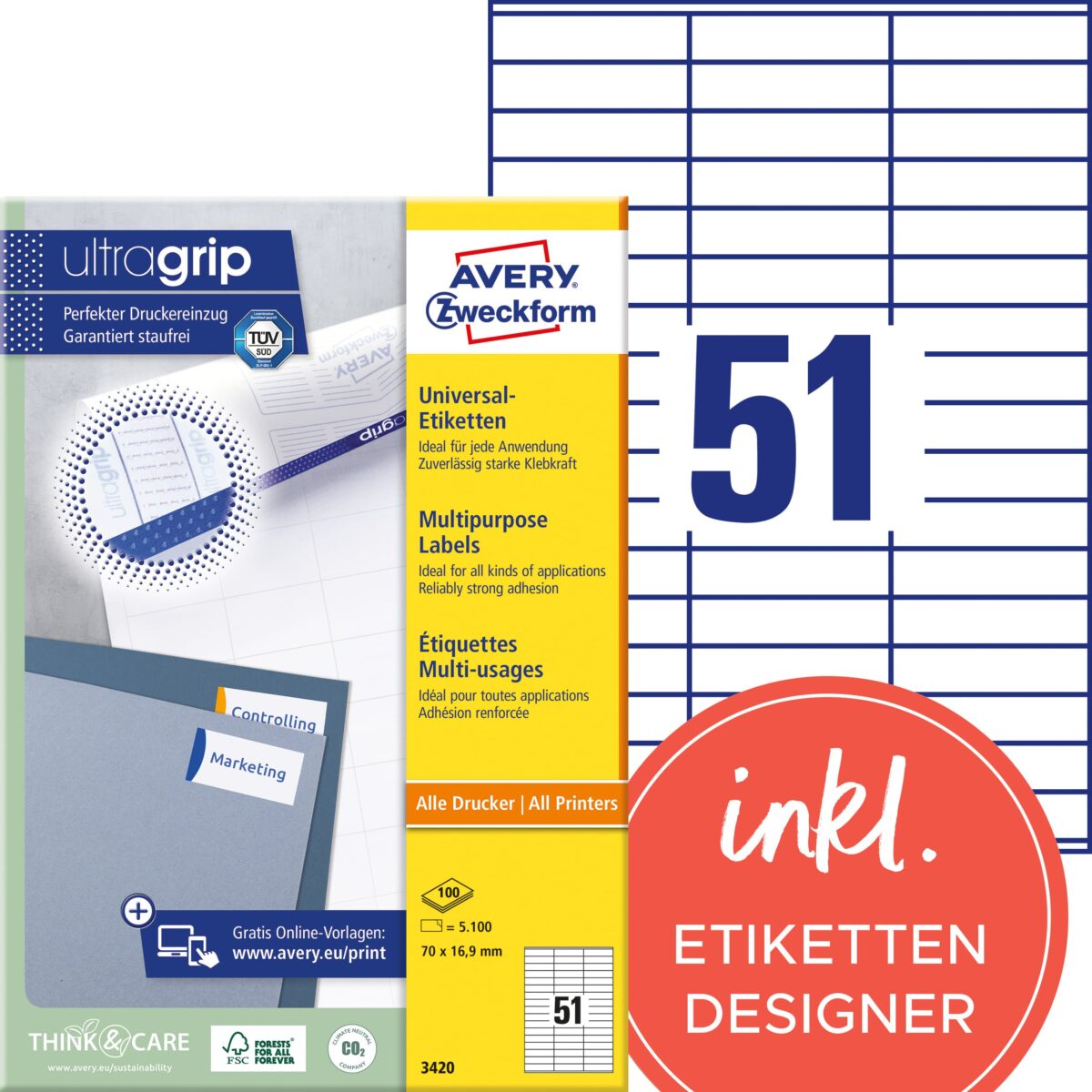 AVERY ZWECKFORM Universal-Etikett. 70x16,9mm 3420 weiss 5100 Stk./100 Blatt – Hochwertig & günstig bei ShopDeca