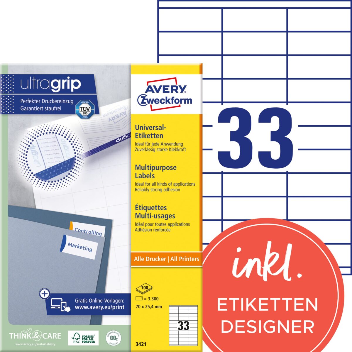 AVERY ZWECKFORM Universal-Etiketten 70x25,4mm 3421 weiss 3300 Stk./100 Blatt – Hochwertig & günstig bei ShopDeca