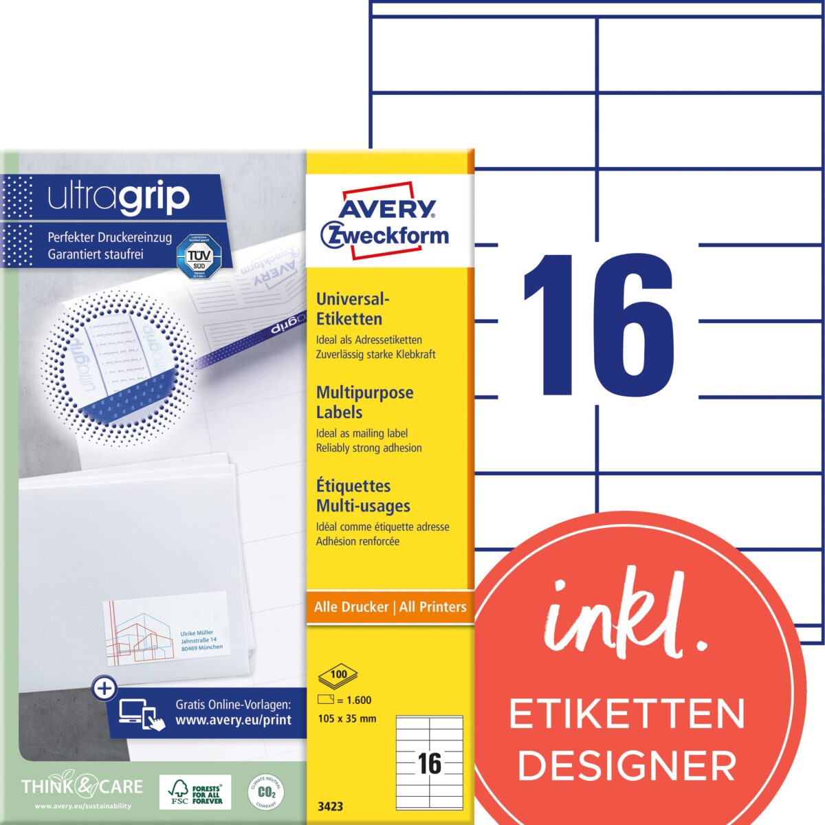 AVERY ZWECKFORM Etiketten 105×35mm 3423 weiss 1600 Stk./100 Blatt – Hochwertig & günstig bei ShopDeca