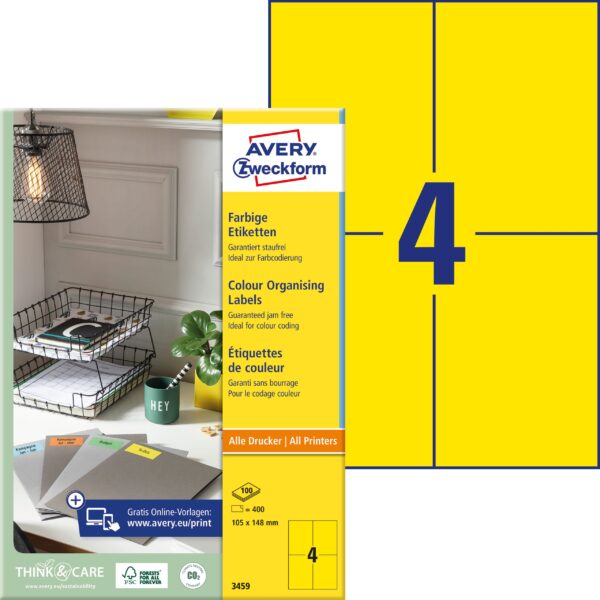 AVERY ZWECKFORM Etiketten 105x148mm 3459 Universal, gelb 100Bl./400St.