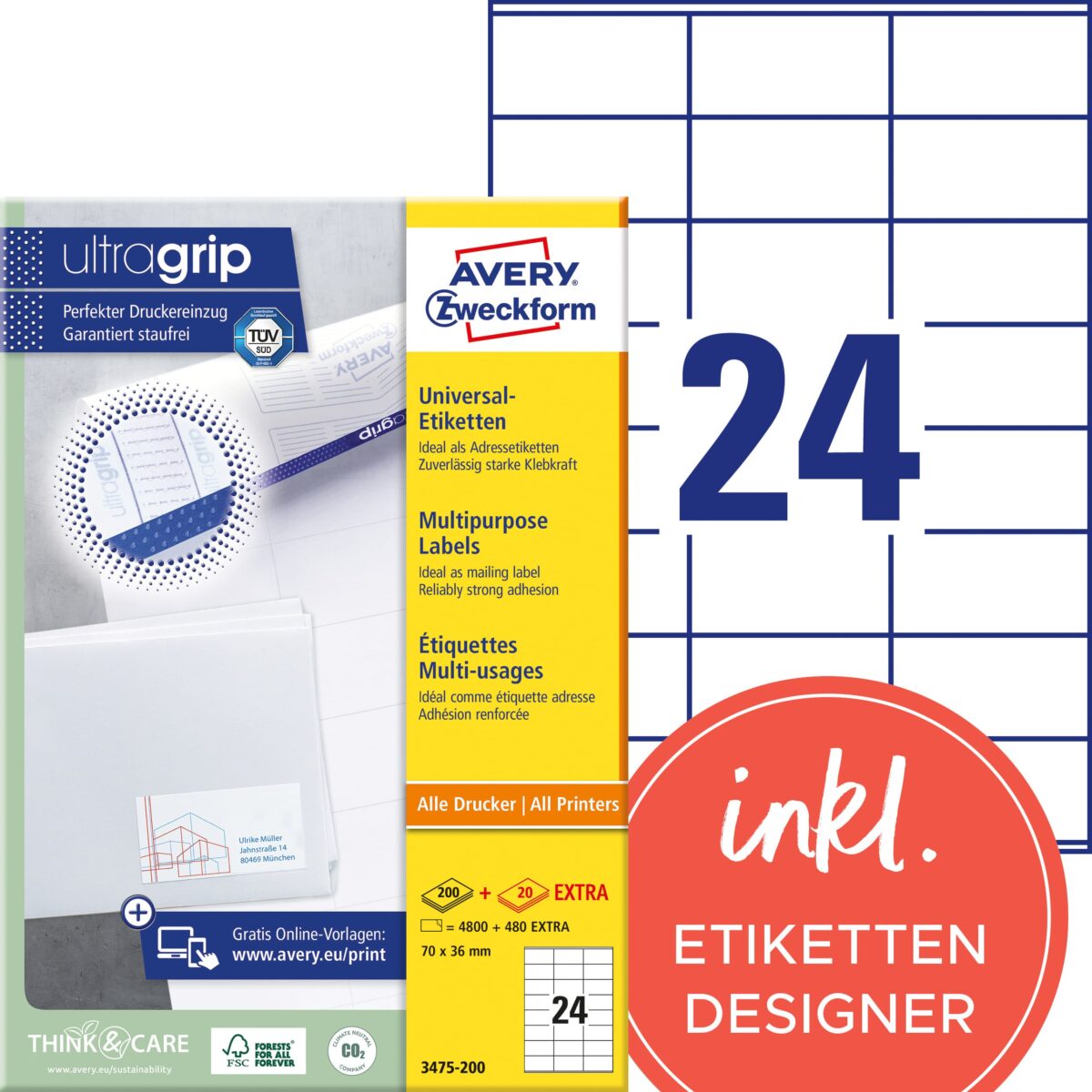 AVERY ZWECKFORM Etiketten 70x36mm 3475-200 weiss 5280 Stk./200+20 Blatt – Hochwertig & günstig bei ShopDeca