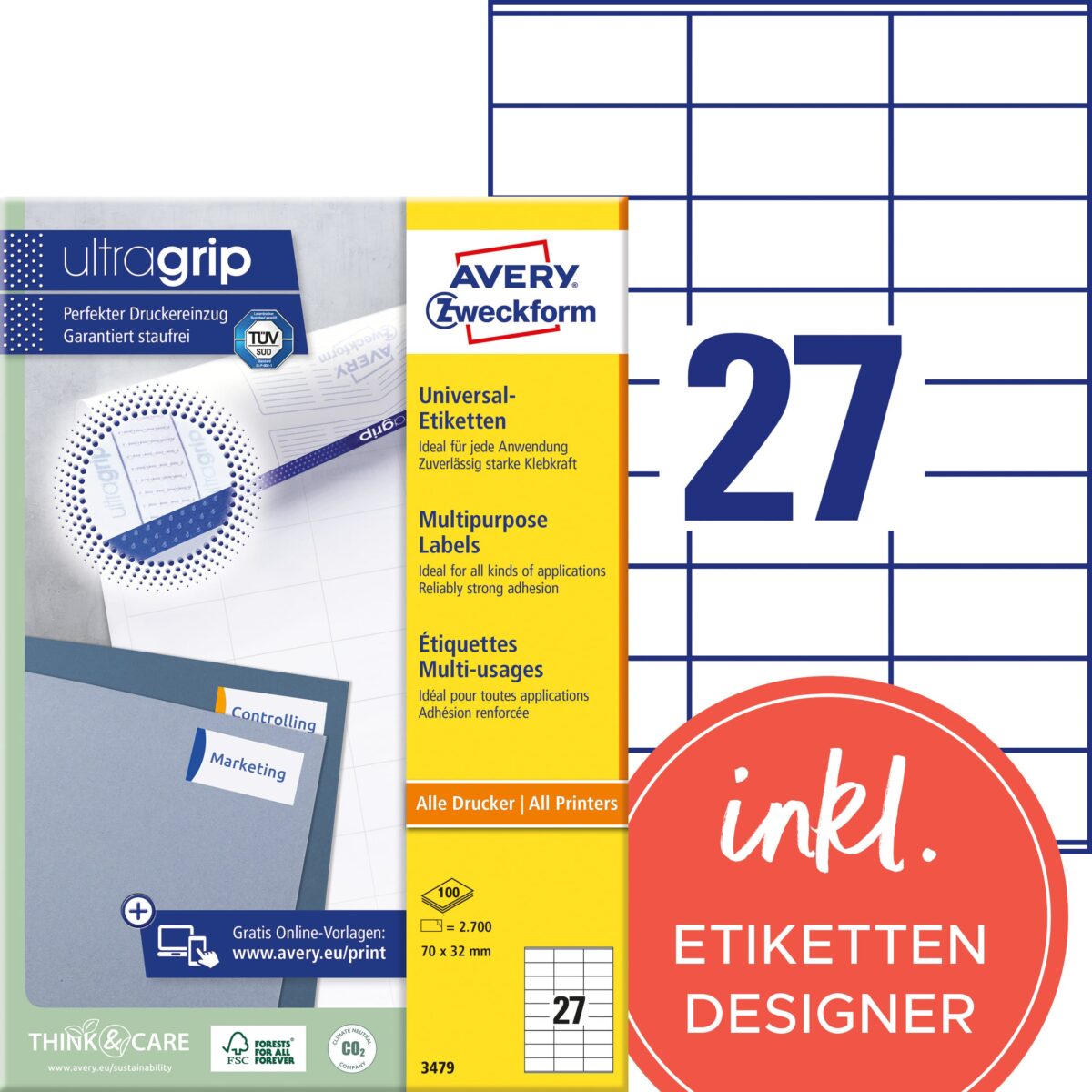 AVERY ZWECKFORM Universal-Etiketten 70x32mm 3479 weiss 2700 Stk./100 Blatt – Hochwertig & günstig bei ShopDeca