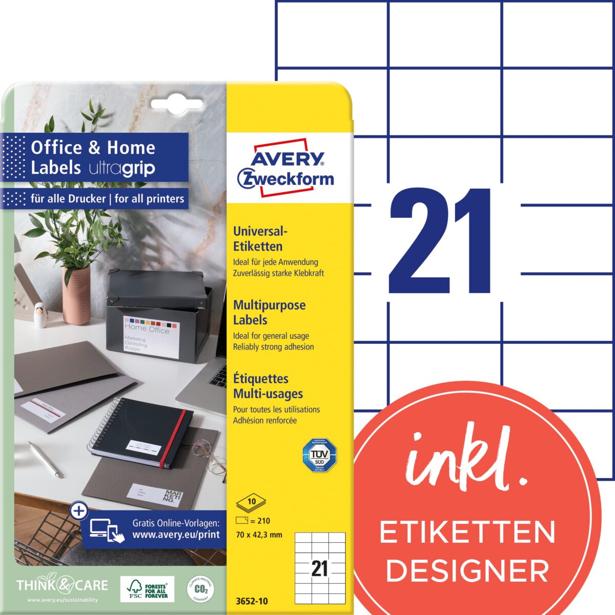 AVERY ZWECKFORM Universal-Etiketten 70x42,3mm 3652-10 weiss 210 Stk./10 Blatt – Hochwertig & günstig bei ShopDeca