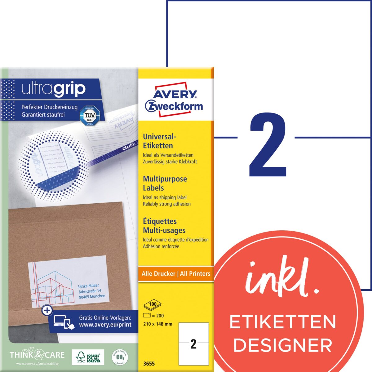 AVERY ZWECKFORM Etiketten 210x148mm 3655 weiss 200 Stk./100 Blatt – Hochwertig & günstig bei ShopDeca