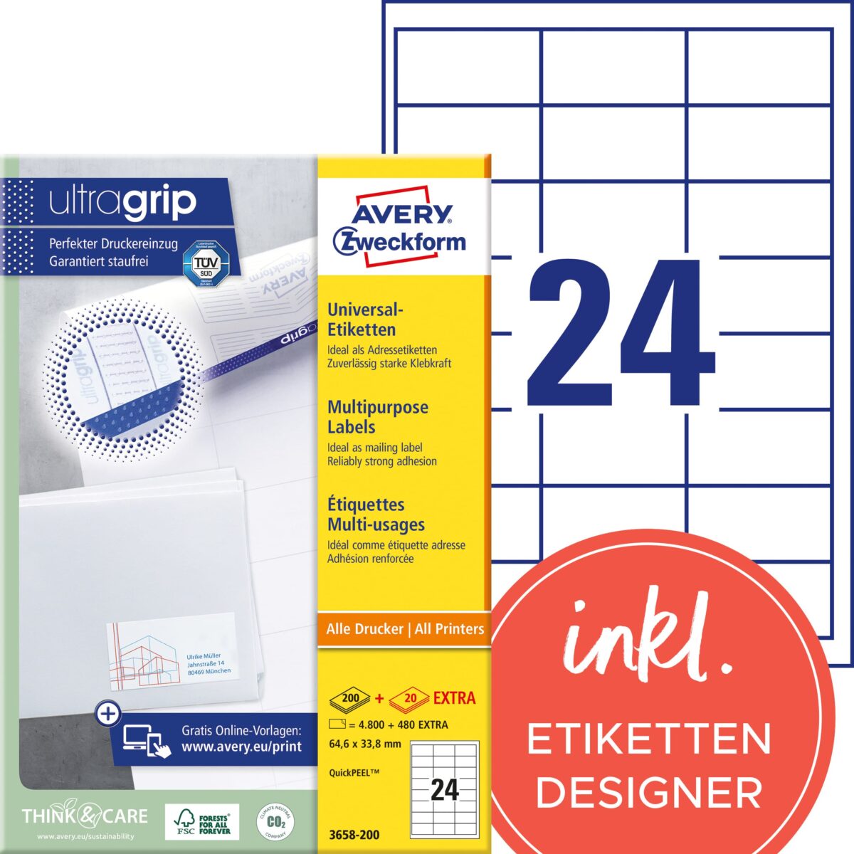 AVERY ZWECKFORM Etiketten 64,6x33,8mm 3658-200 weiss 5280 Stk./200+20 Blatt – Hochwertig & günstig bei ShopDeca