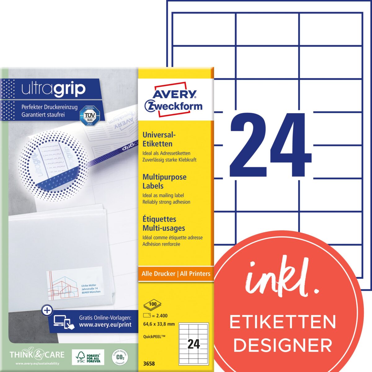 AVERY ZWECKFORM Universal-Etikett. 64.6x33.8mm 3658 weiss 2400 Stk./100 Blatt – Hochwertig & günstig bei ShopDeca