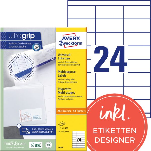 AVERY ZWECKFORM Etiketten 70×33,8mm 3664 weiss 2400 Stk./100 Blatt