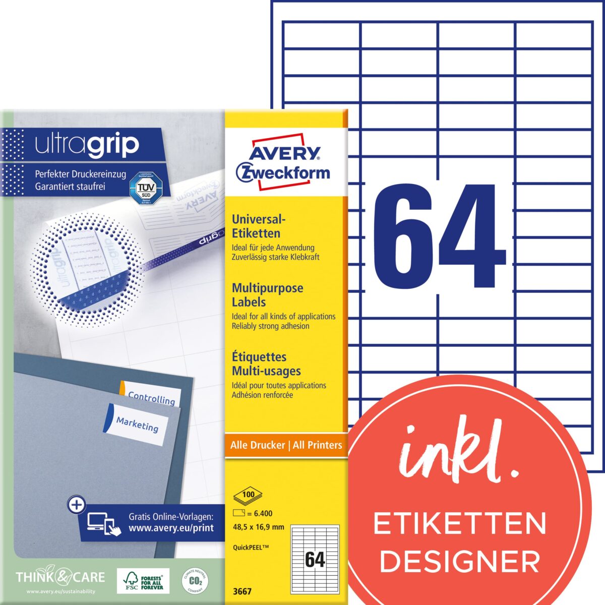 AVERY ZWECKFORM Universal-Etikett. 48.5x16.9mm 3667 weiss 6400 Stk./100 Blatt – Hochwertig & günstig bei ShopDeca