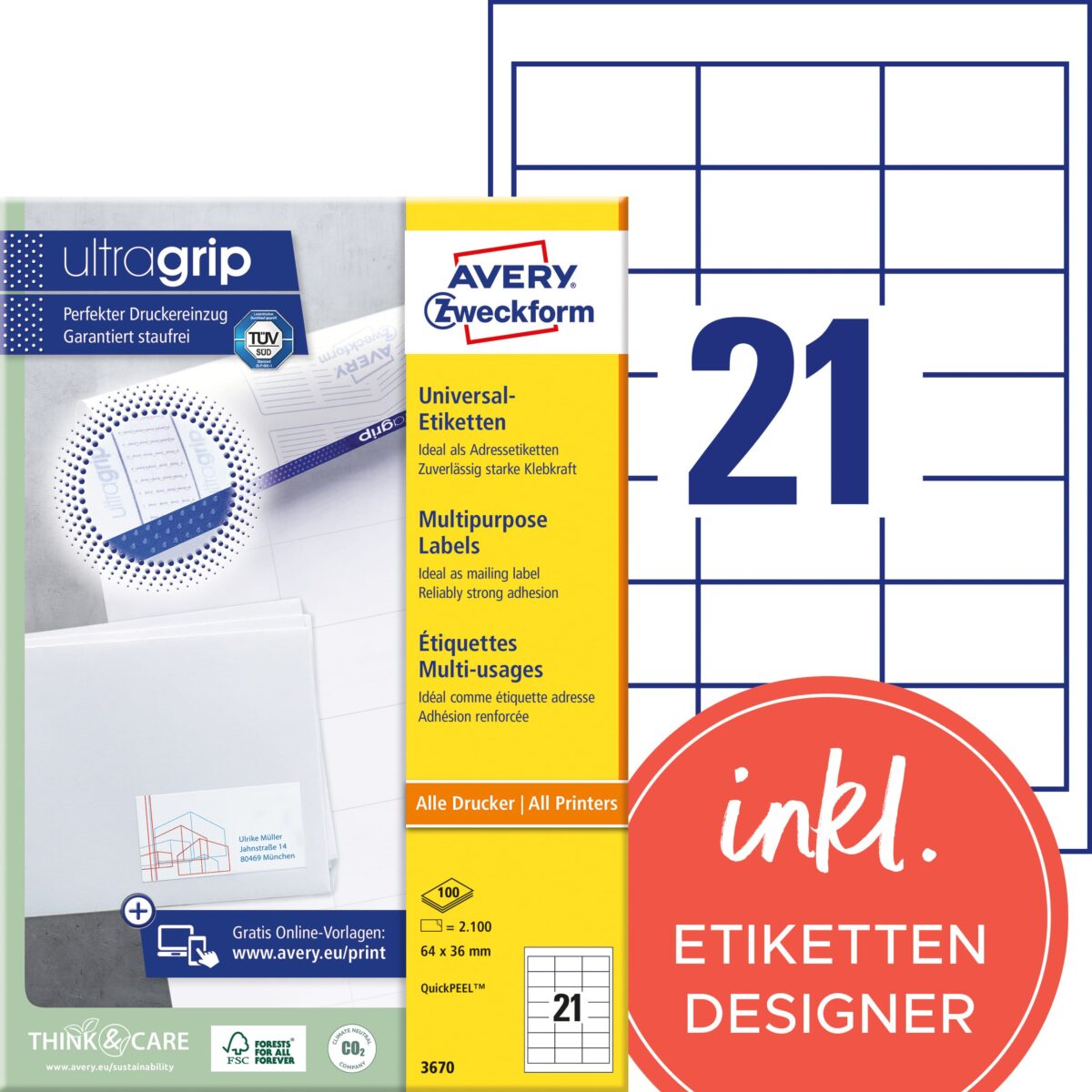 AVERY ZWECKFORM Etiketten 64x36mm 3670 weiss 2100 Stk./100 Blatt – Hochwertig & günstig bei ShopDeca