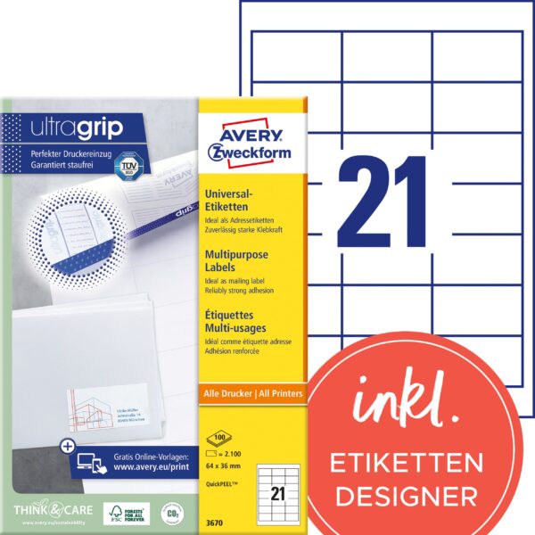 AVERY ZWECKFORM Etiketten 64x36mm 3670 weiss 2100 Stk./100 Blatt