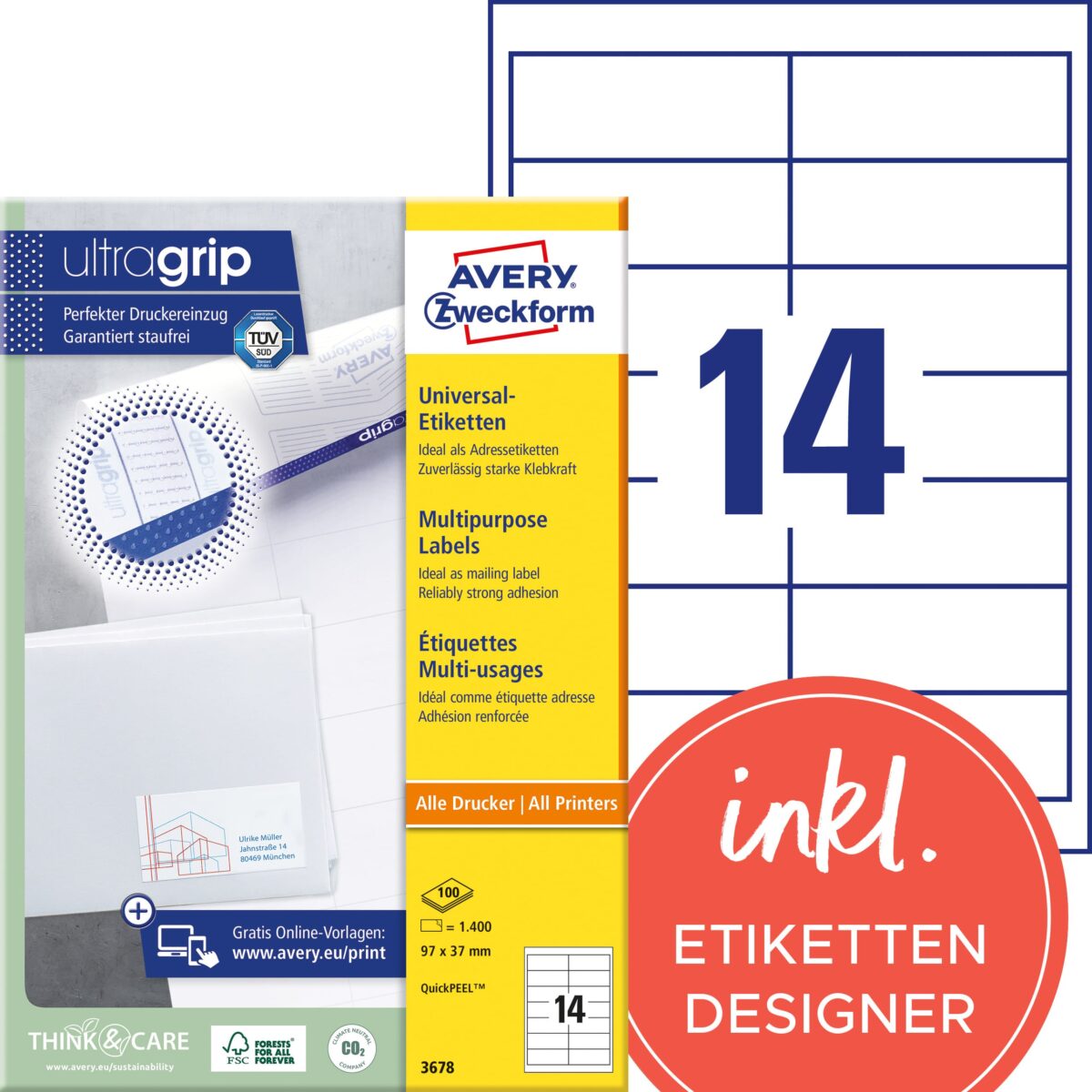AVERY ZWECKFORM Etiketten 97x37mm 3678 weiss 1400 Stk./100 Blatt – Hochwertig & günstig bei ShopDeca