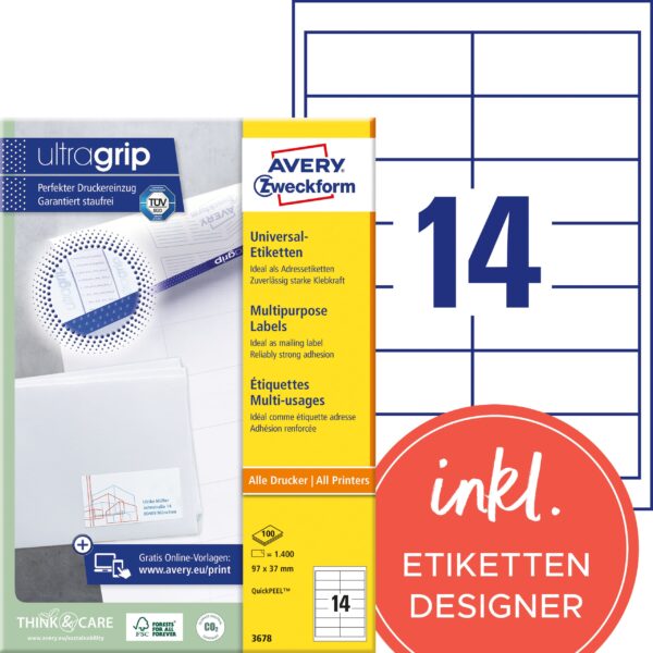 AVERY ZWECKFORM Etiketten 97x37mm 3678 weiss 1400 Stk./100 Blatt