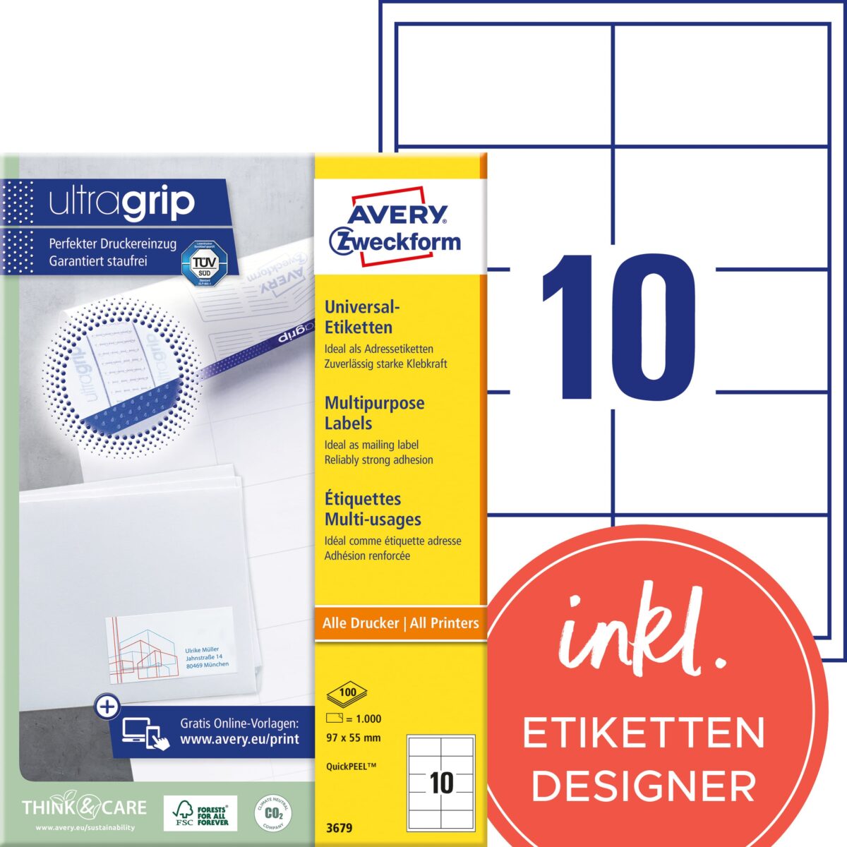 AVERY ZWECKFORM Etiketten 97x55mm 3679 weiss 1000 Stk./100 Blatt – Hochwertig & günstig bei ShopDeca