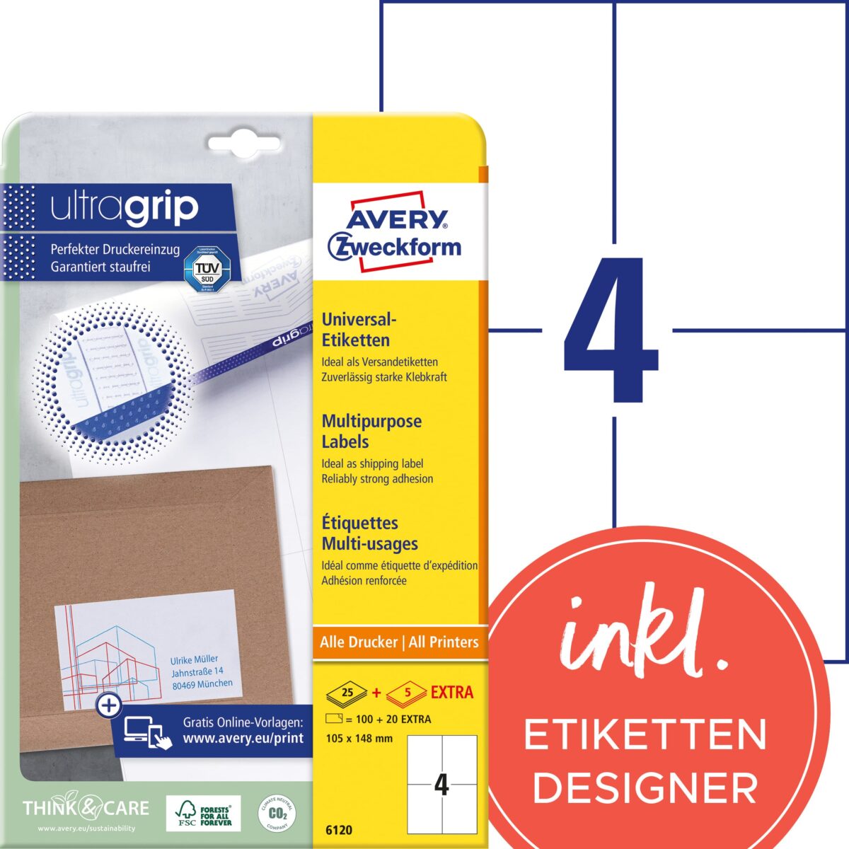 AVERY ZWECKFORM Universal-Etiketten 105x148mm 6120 weiss 120 Stk./25 + 5 Blatt – Hochwertig & günstig bei ShopDeca