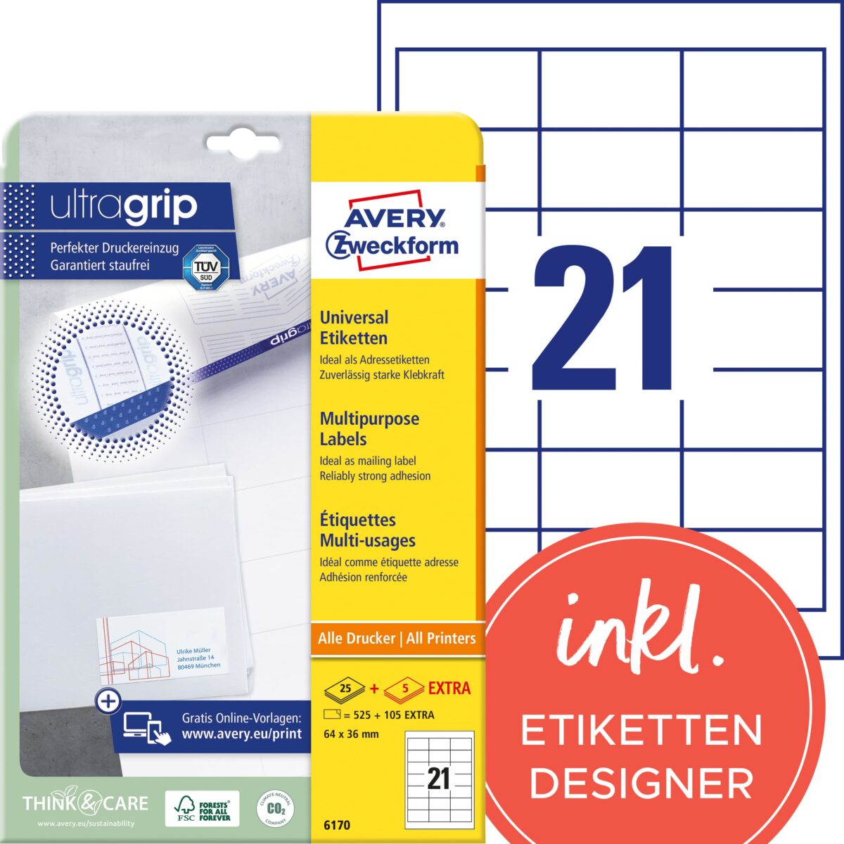 AVERY ZWECKFORM Universaletiketten 64x36mm 6170 weiss 630 Stk./25 + 5 Blatt – Hochwertig & günstig bei ShopDeca