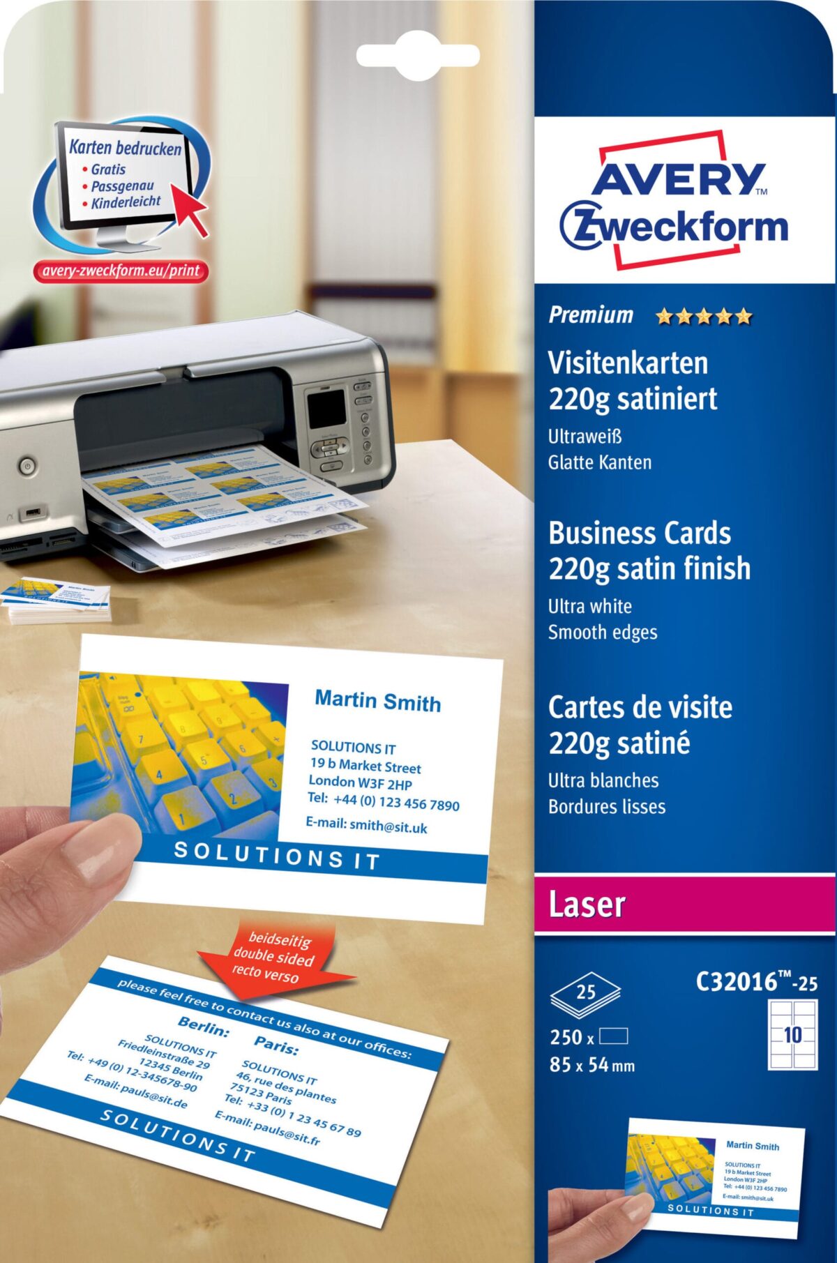 AVERY ZWECKFORM Visitenkarten doppels. 85x54mm C32016-25 Laser,220g,weiss 25Bl./10Stk. – Hochwertig & günstig bei ShopDeca