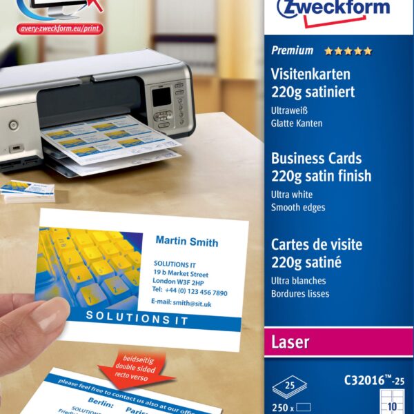 AVERY ZWECKFORM Visitenkarten doppels. 85x54mm C32016-25 Laser,220g,weiss 25Bl./10Stk.