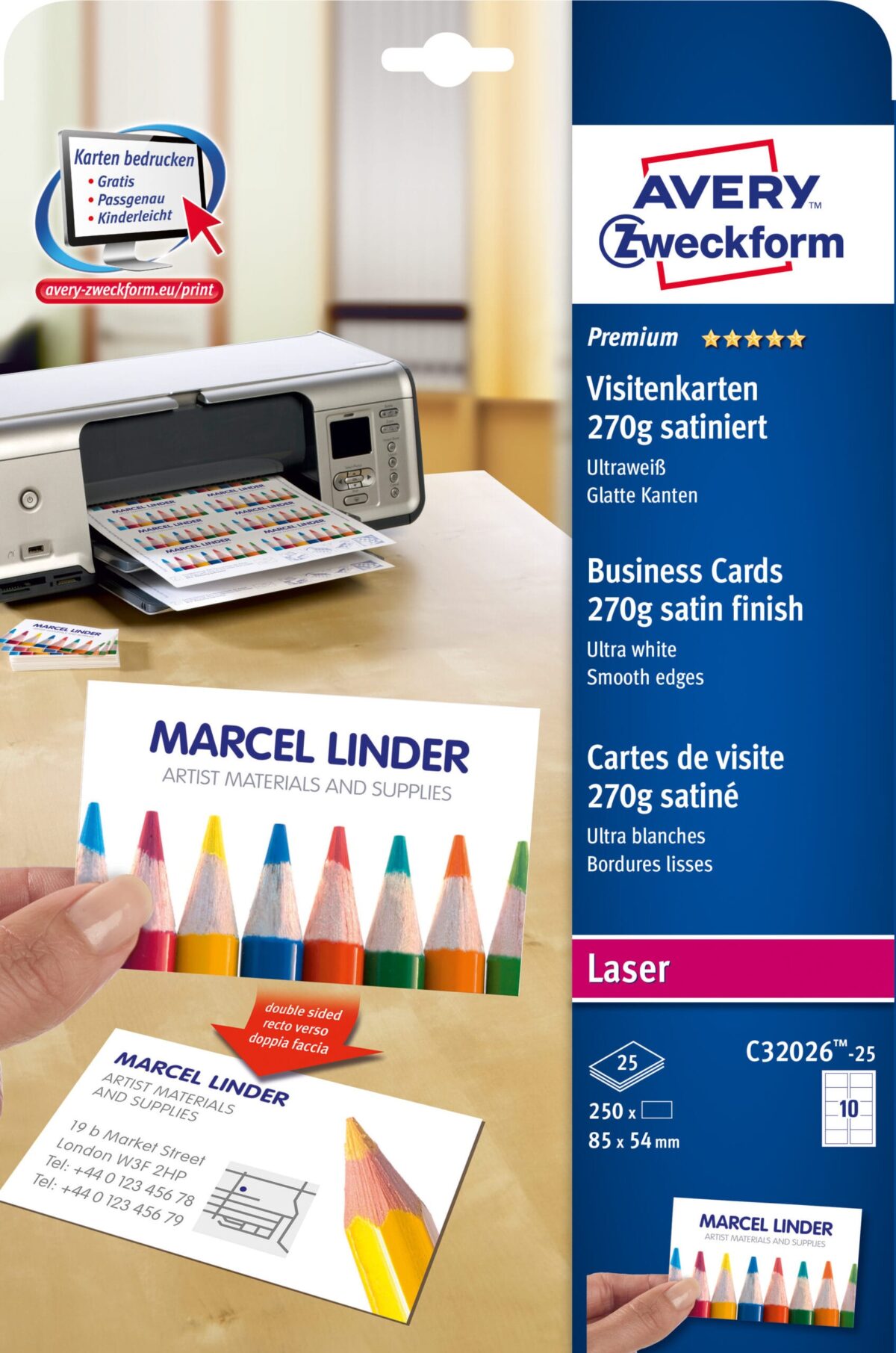 AVERY ZWECKFORM Visitenkarten 85x54mm/A4 C32026-25 weiss, 270g 250 Stück – Hochwertig & günstig bei ShopDeca