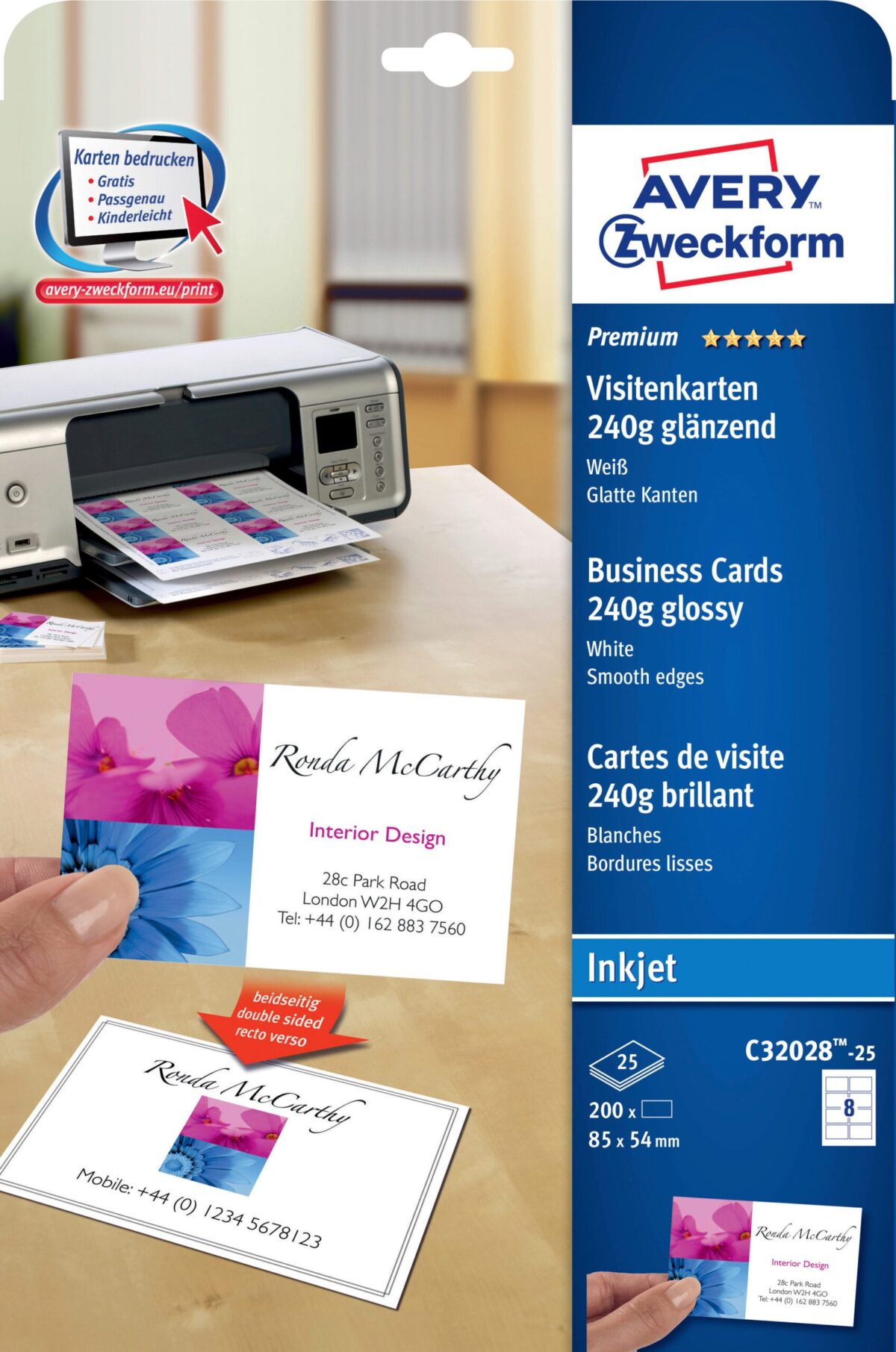 AVERY ZWECKFORM Visitenkarten 85x54mm/A4 C32028-25 weiss, glossy, 250g 200 Stück – Hochwertig & günstig bei ShopDeca
