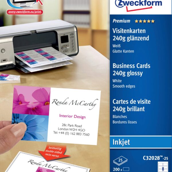 AVERY ZWECKFORM Visitenkarten 85x54mm/A4 C32028-25 weiss, glossy, 250g 200 Stück