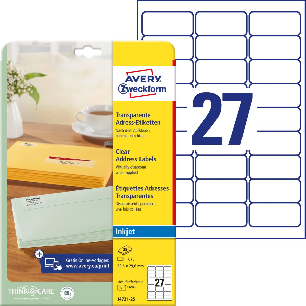 AVERY ZWECKFORM Etiketten 63,5x29,6mm J4721-25 transparent 675 Stück – Hochwertig & günstig bei ShopDeca