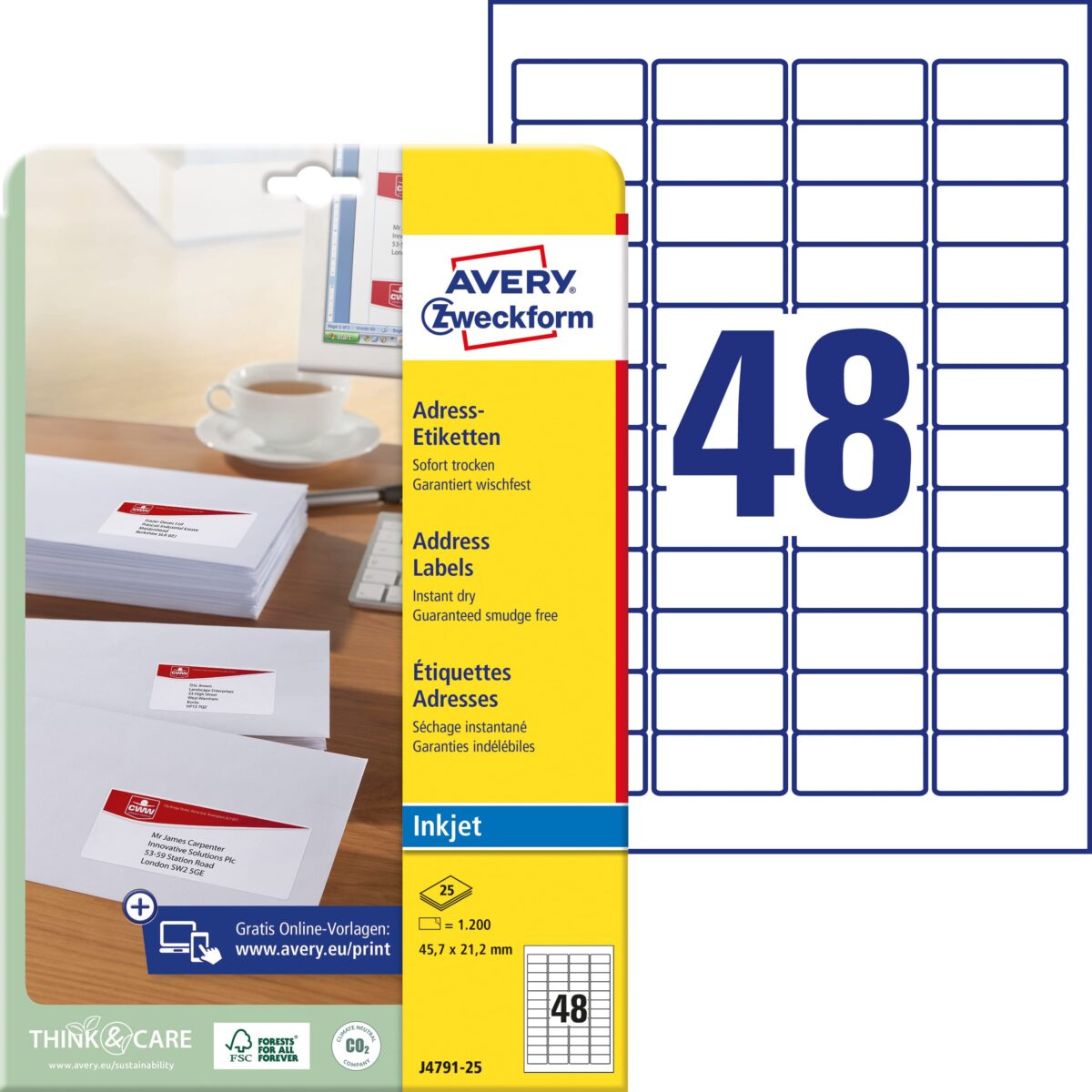 AVERY ZWECKFORM Adressetiketten 45,7x21,2mm J4791-25 InkJet, weiss 1200 Stk./25 Bl. – Hochwertig & günstig bei ShopDeca