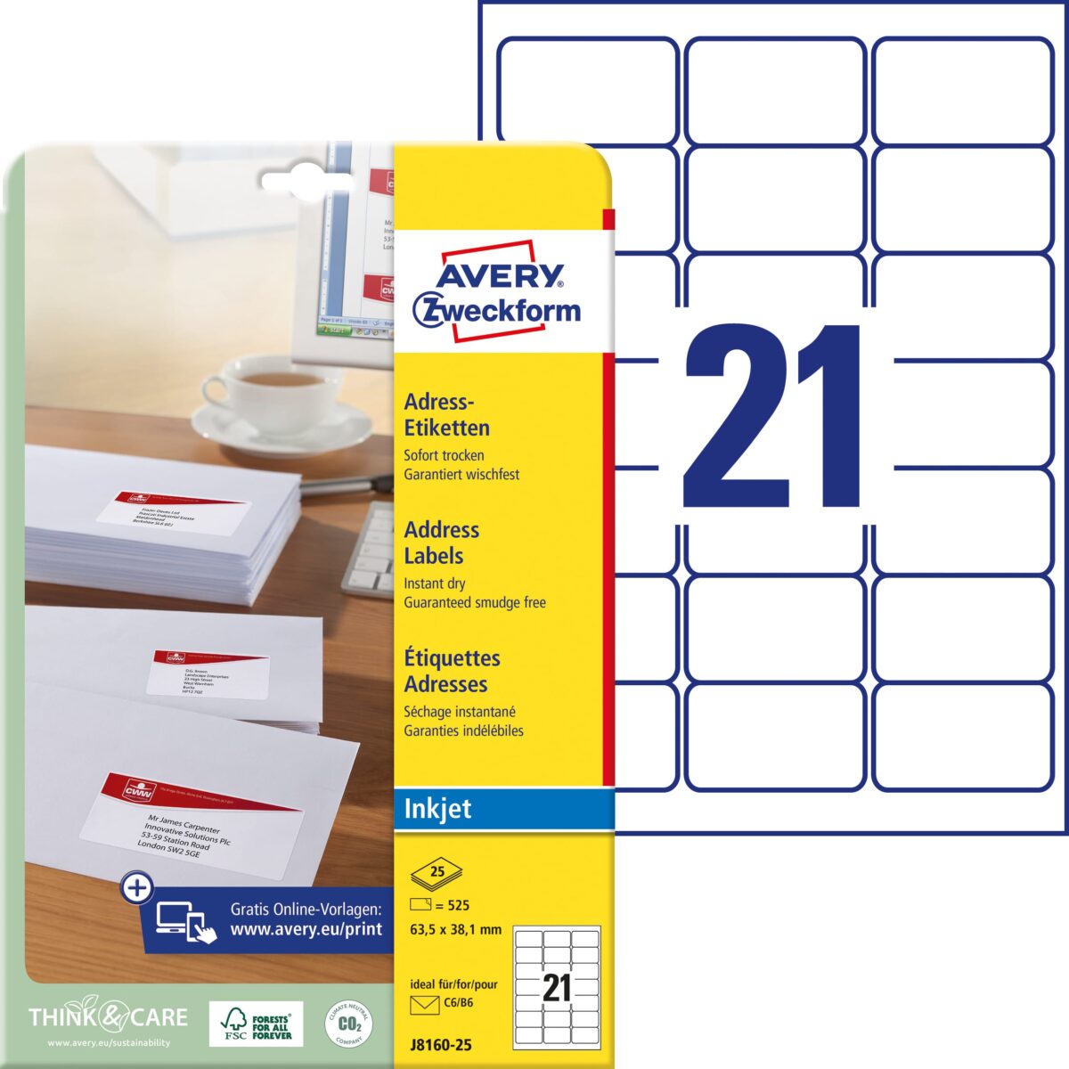 AVERY ZWECKFORM Adressetiketten 63,5x38,1mm J8160-25 weiss 525 Stück – Hochwertig & günstig bei ShopDeca