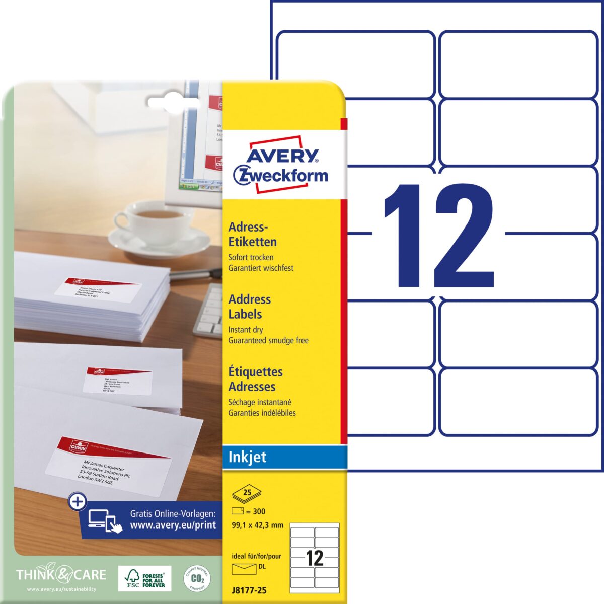 AVERY ZWECKFORM Adressetiketten 99,1x42,3mm J8177-25 InkJet, weiss 300 Stk./25 Bl. – Hochwertig & günstig bei ShopDeca