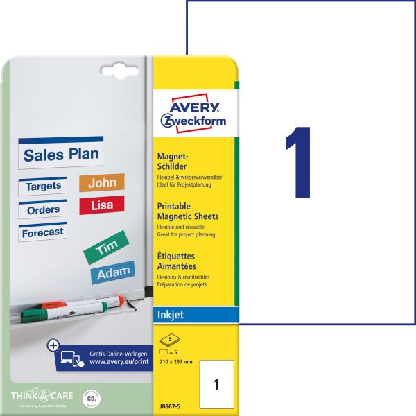 AVERY ZWECKFORM Magnet-Schilder 210x297mm J8867-5 Inkjet 5 Stk./5 Bl.