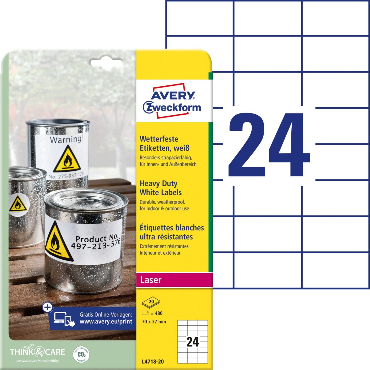 AVERY ZWECKFORM Etiketten Laser 70x37mm L471820 weiss, wetterfest 20 Blatt – Hochwertig & günstig bei ShopDeca
