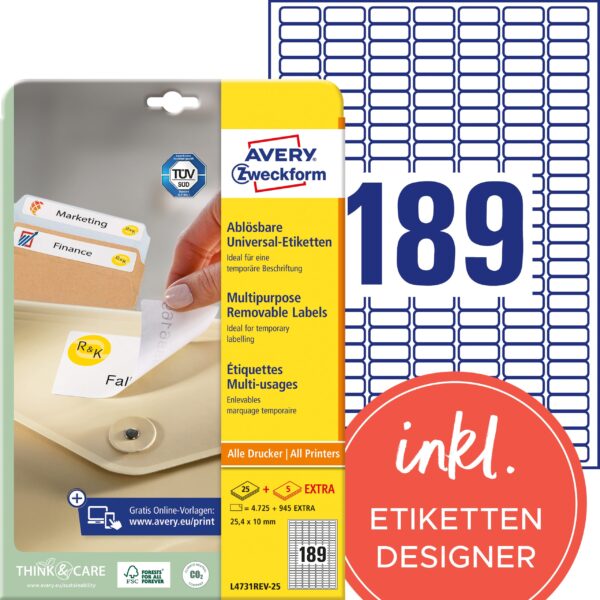 AVERY ZWECKFORM Universal-Etiketten 25.4x10mm L4731REV-25 weiss 5670 Stk./25 + 5 Blatt
