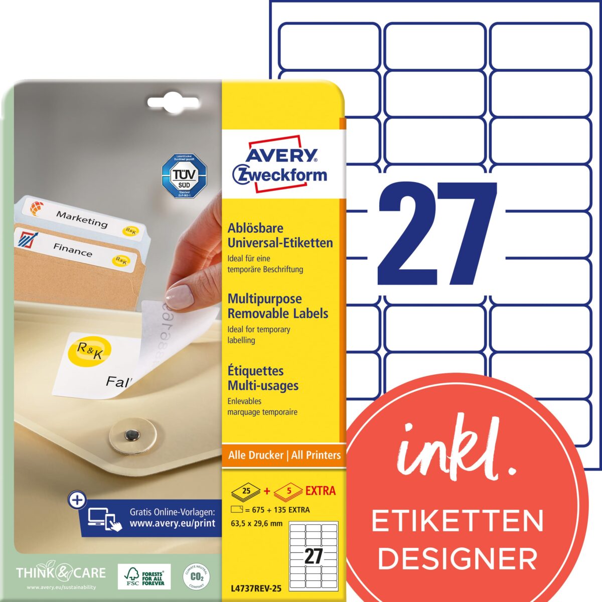AVERY ZWECKFORM Universal-Etikett. 63.5x29.6mm L4737REV-25 weiss 810 Stk./25 + 5 Blatt – Hochwertig & günstig bei ShopDeca