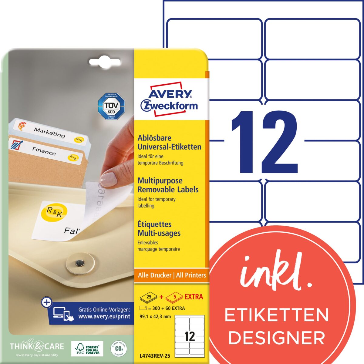 AVERY ZWECKFORM Universal-Etikett. 99,1x42,3mm L4743REV-25 weiss 360 Stk./25 + 5 Blatt – Hochwertig & günstig bei ShopDeca