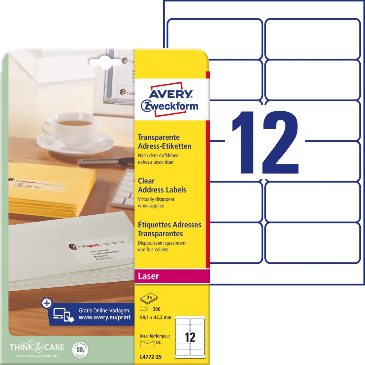 AVERY ZWECKFORM Adressetiketten 99,1x42,3mm L4772-25 Laser, transp. 300Stk./25Bl. – Hochwertig & günstig bei ShopDeca