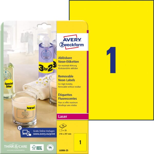 AVERY ZWECKFORM Etiketten 210x297mm L6006-25 gelb,non-perm. 25 Stk./25 Bl.