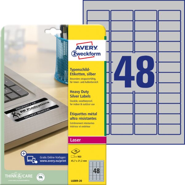 AVERY ZWECKFORM Typenschild-Etik. 45,7x21,2mm L6009-20 silber, Laser 960 St./20 Blatt