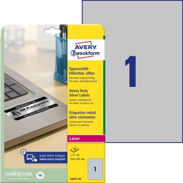 AVERY ZWECKFORM Typenschild-Etik. 210x297mm L6013-20 silber,Laser 20 St./20 Blatt