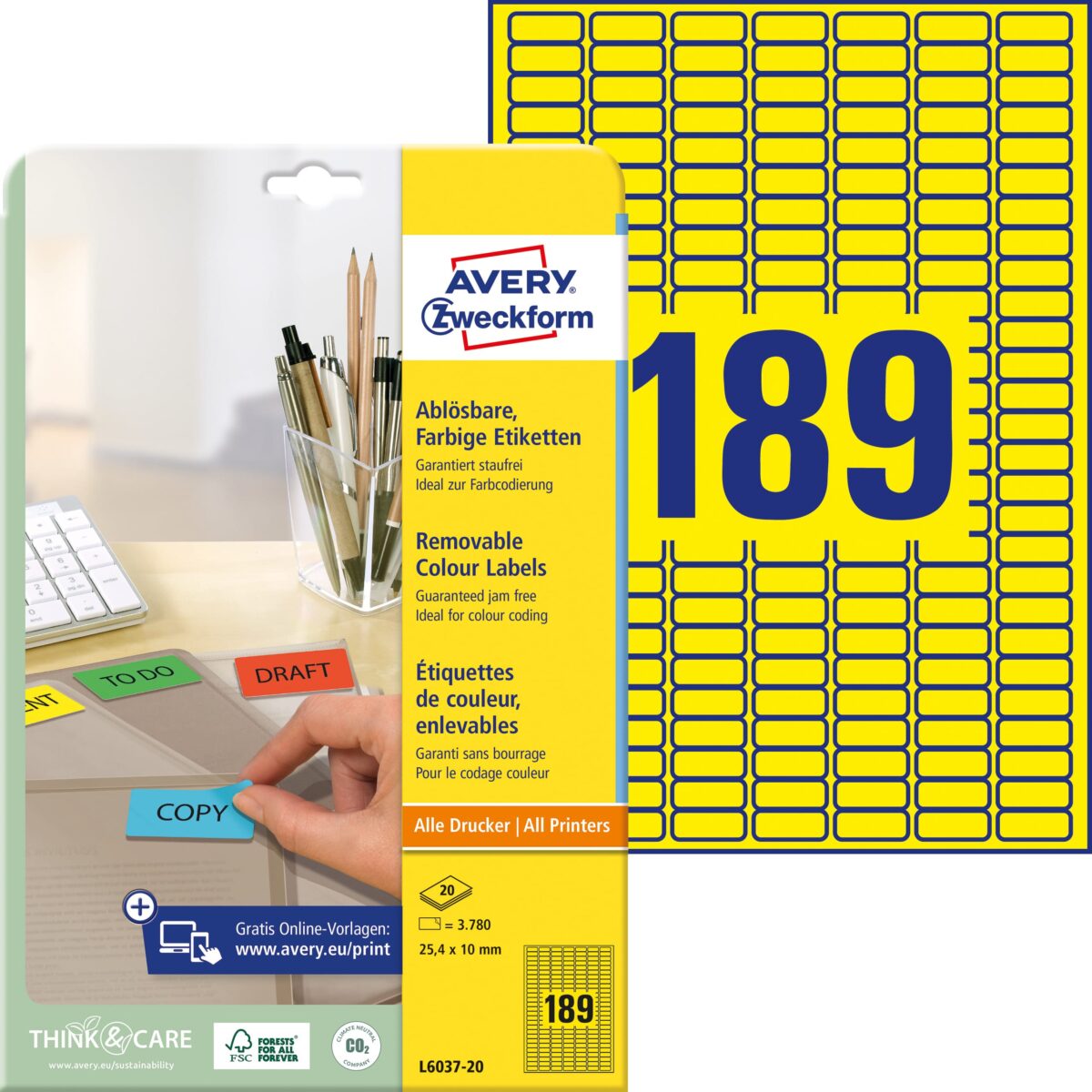 AVERY ZWECKFORM Etiketten 25,4x10mm L6037-20 gelb 3780Stk./20Bl. – Hochwertig & günstig bei ShopDeca