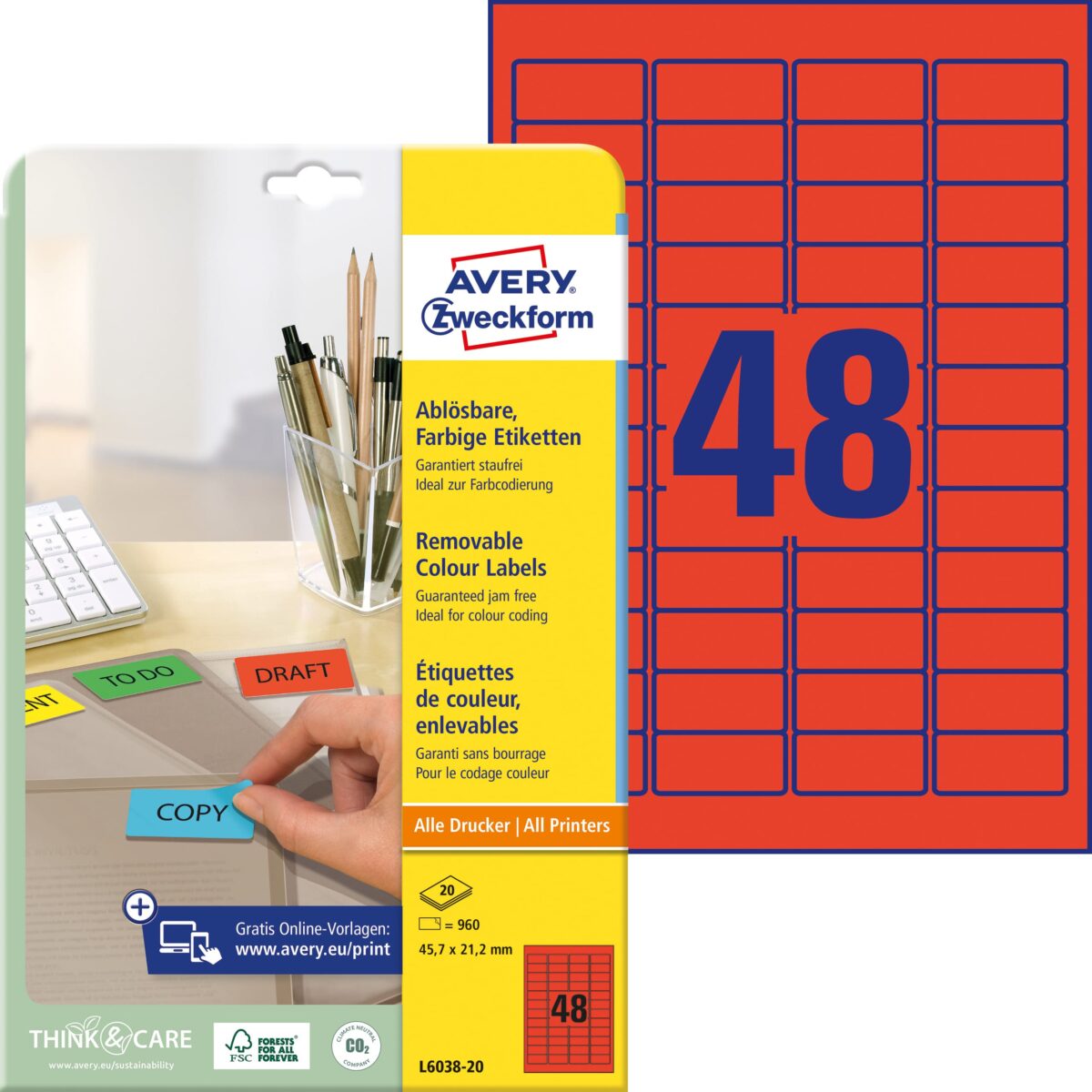 AVERY ZWECKFORM Etiketten 45.7x21.2mm L6038-20 rot 20Bl./48Stk. – Hochwertig & günstig bei ShopDeca