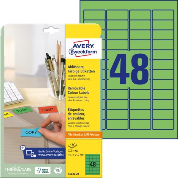 AVERY ZWECKFORM Etiketten 45,7x21,2mm L6040-20 grün 960Stk./20Bl.