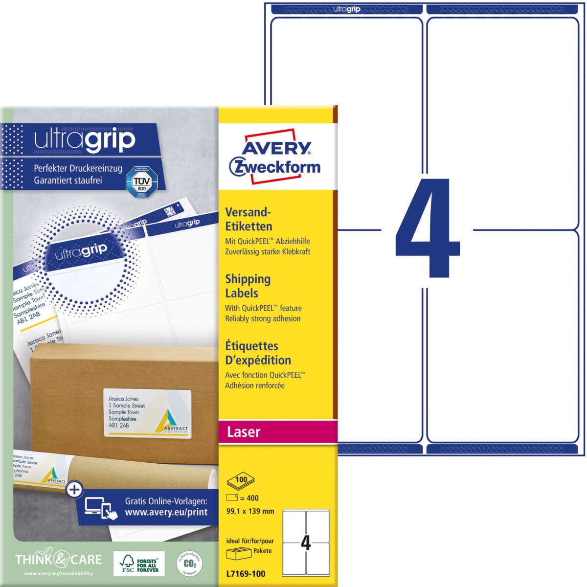 AVERY ZWECKFORM Versandetiketten 99,1x139mm L7169-100 weiss 400 Stk./100 Blatt – Hochwertig & günstig bei ShopDeca