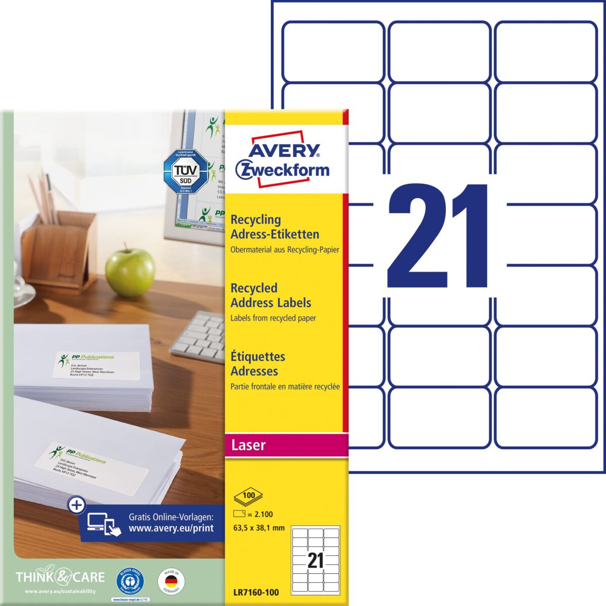 AVERY ZWECKFORM Adressetiketten 63,5x38,1mm LR7160100 recycling 2100 Stück – Hochwertig & günstig bei ShopDeca