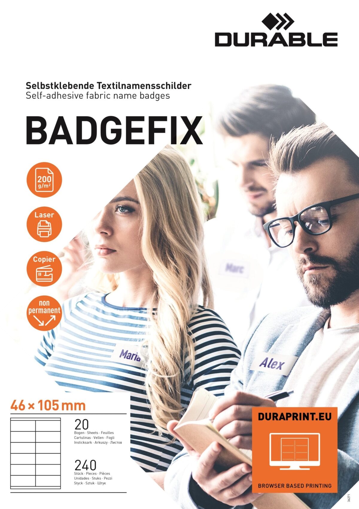 DURABLE Namensschild BADGEFIX 46x105mm 836302 weiss 20 Blatt/240 Stück – Hochwertig & günstig bei ShopDeca