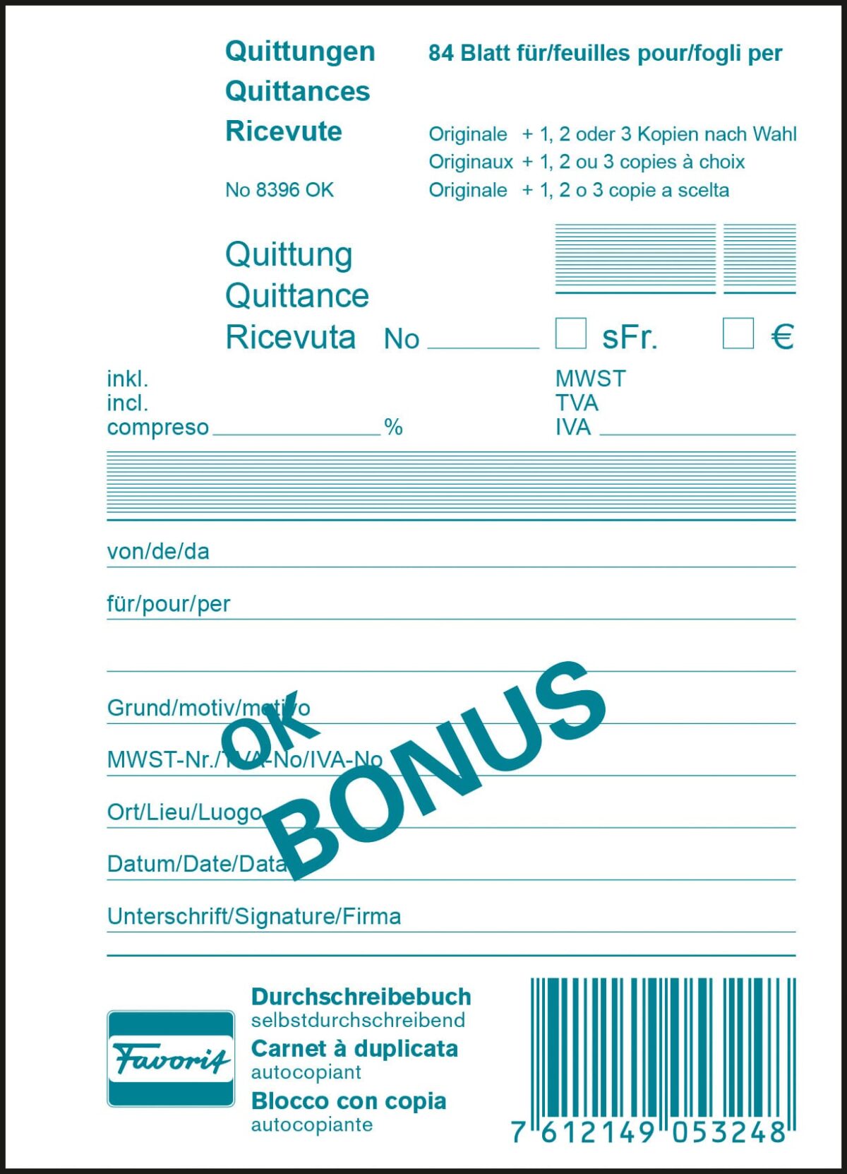 FAVORIT Quittungen OK BONUS D/F/I A6 8396 OK Durchschreibepapier 84 Blatt – Hochwertig & günstig bei ShopDeca