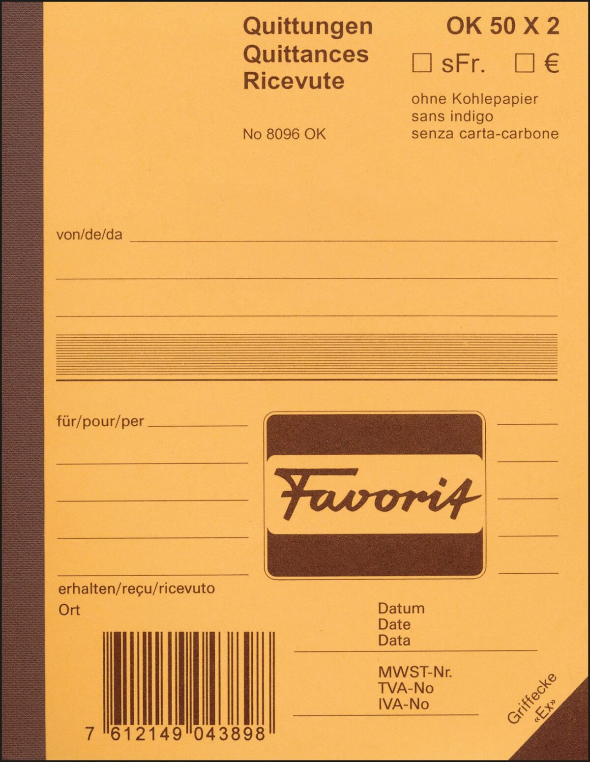 FAVORIT Quittungen D A6 9096 W weiss/weiss 50x2 Blatt – Hochwertig & günstig bei ShopDeca