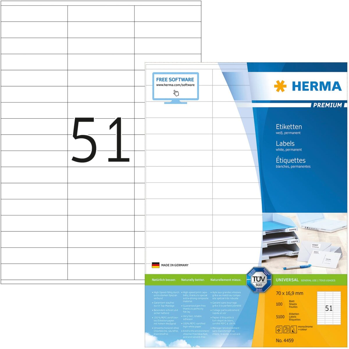 HERMA Universal-Etiketten 70x16,9mm 4459 weiss 5100 St./100 Blatt – Hochwertig & günstig bei ShopDeca