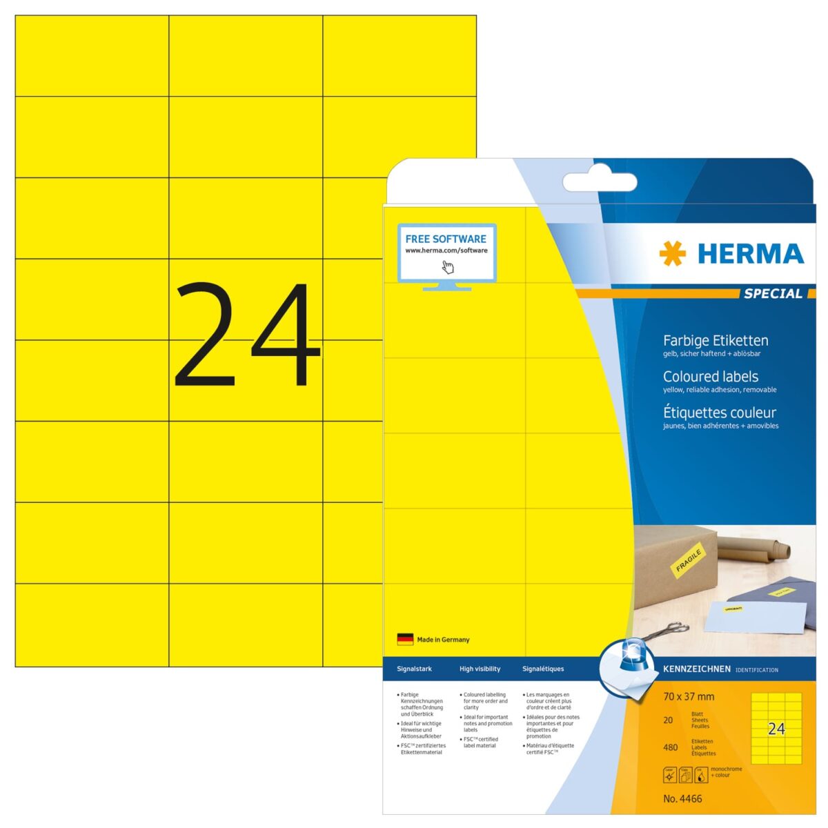 HERMA Universal-Etiketten 70x37mm 4466 gelb 480 St./20 Blatt – Hochwertig & günstig bei ShopDeca