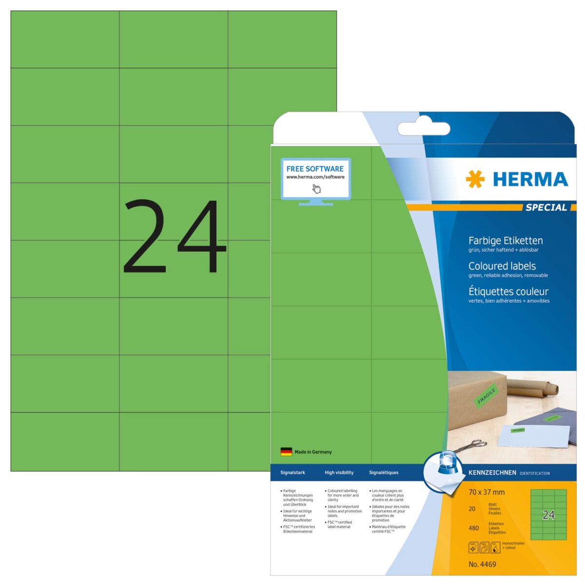 HERMA Universal-Etiketten 70x37mm 4469 grün 480 St./20 Blatt – Hochwertig & günstig bei ShopDeca