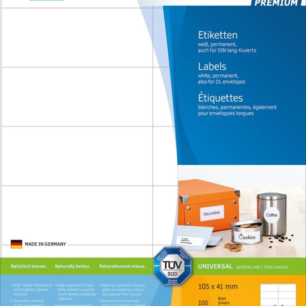 HERMA Etiketten PREMIUM 105x41mm 4475 weiss,perm. 1400 St./100 Bl.