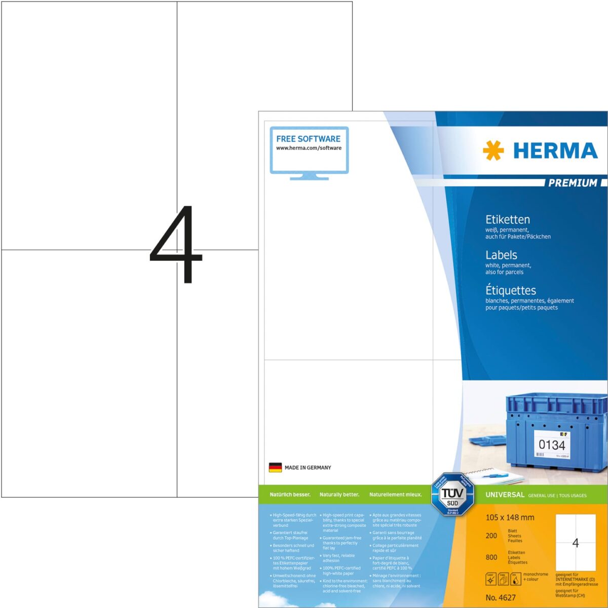 HERMA Universal-Etiketten 105x148mm 4627 weiss 800 St./200 Blatt – Hochwertig & günstig bei ShopDeca